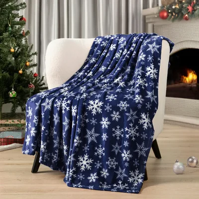 Winter Snowflake Blanket: Navy Throw With White Flakes
