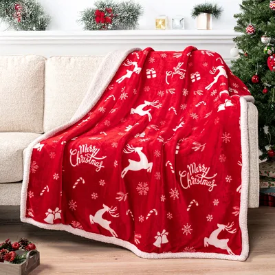 Red Christmas Blanket with Reindeer and Candy Canes
