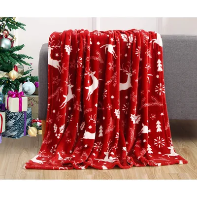 Christmas Reindeer Blanket with Red and White Holiday Print