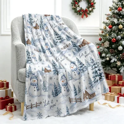 Let It Snow Blanket: Snowmen and Cabins in Winter Blue