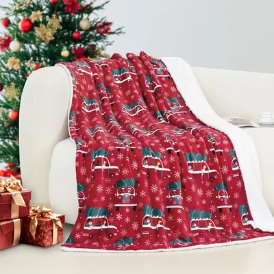 Christmas Tree Car Blanket features vintage vehicles hauling