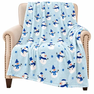 Blue Snowflake Blanket with Cheerful Snowmen Print