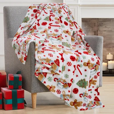 Gingerbread Christmas Blanket with Candy Canes and Trees