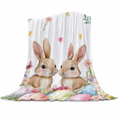 Easter Bunny Blanket with Two Bunnies and Painted Eggs