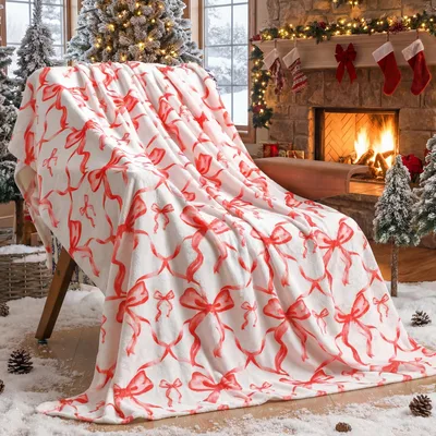 Christmas Bow Blanket with Red Ribbon Bows on White