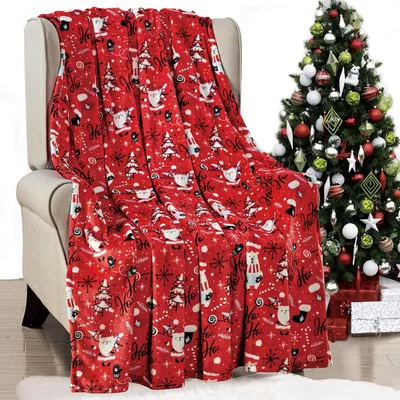 Ho Ho Ho Blanket: Red Christmas Cats and Trees Throw
