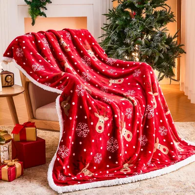 Snowflake Holiday Blanket with Reindeer and Snowflakes