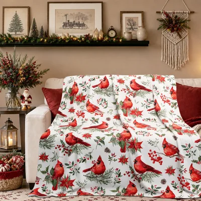Poinsettia Floral Blanket with Cardinals and Holly