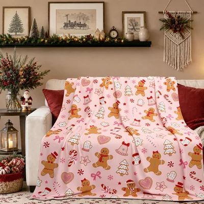 Gingerbread Cookies Christmas Blanket features a pink