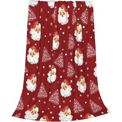Retro Christmas Blanket with Vintage Santa Faces and Snowy Trees