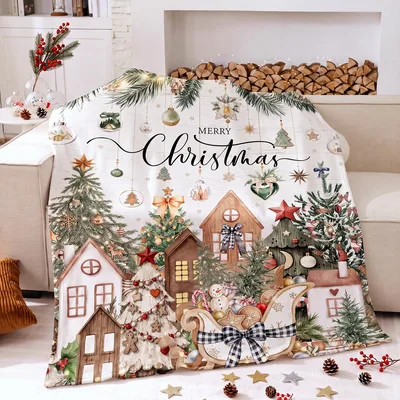 Christmas Village Blanket with Merry Christmas script