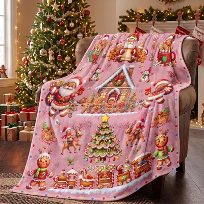 Pink Christmas Cookie Blanket with Gingerbread Scenes