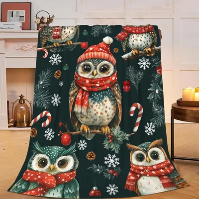 Owl in Scarf Blanket: Christmas Owls Throw for Winter Nights