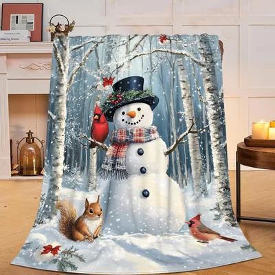 Cardinal Bird Christmas Blanket: Snowman in the Birch Woods