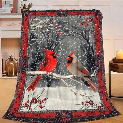 Cardinal Birds Winter Snow Blanket: Red Cardinals on Snowy Branch