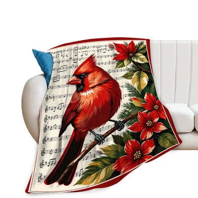 Cardinal on Sheet Music Blanket: Festive Bird and Poinsettia Design