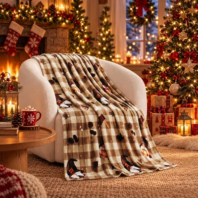 Gnome Christmas Plaid Blanket featuring whimsical gnomes