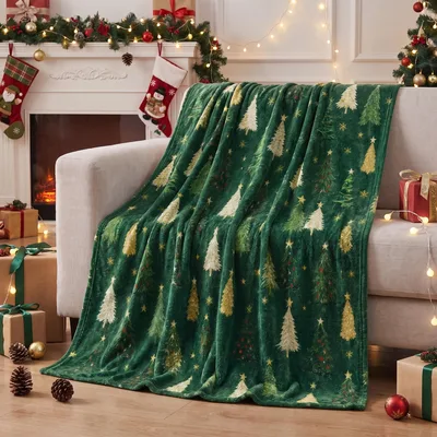 Green Christmas Blanket with Gold and Cream Trees