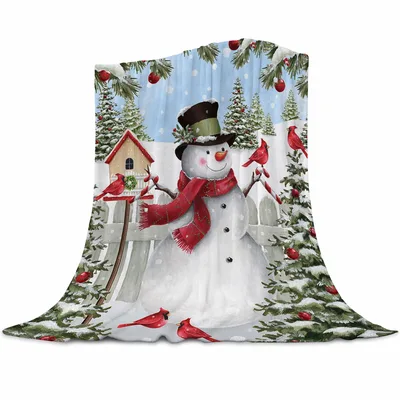 Snowman Cardinal Birds Christmas Blanket for Winter Cozy Nights