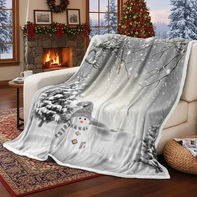 Winter Scene Blanket with a Snowman and Snowy Pines