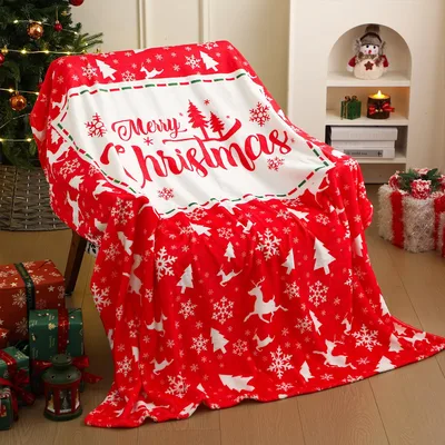 Red Christmas Snowflake Blanket with Reindeer and Trees