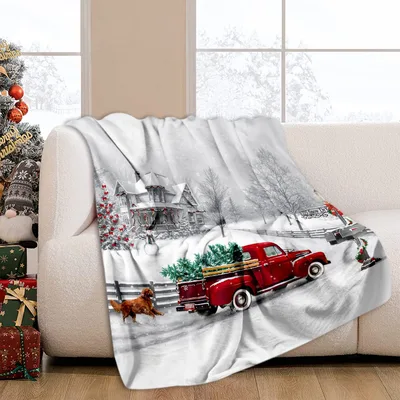 Christmas Snow Scene Blanket: Red Truck in the Snow