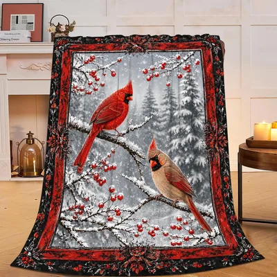 Snowy Woods Blanket: Two Cardinals in Winter Snow