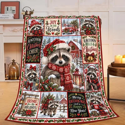 Raccoon Christmas Blanket with Snowy Woodland Joy
