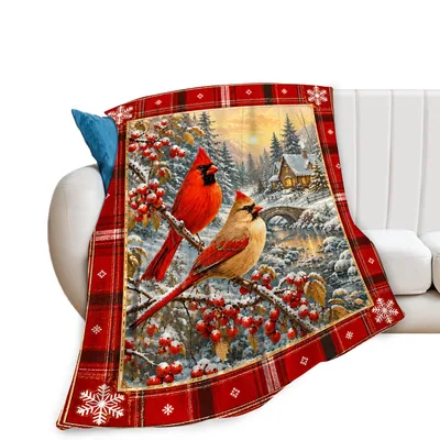 Cardinal Birds Winter Blanket: Festive Red Cardinals and Snowy Scene