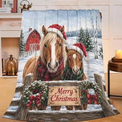 Horse Lover Christmas Blanket: Snowy Barn Scene
