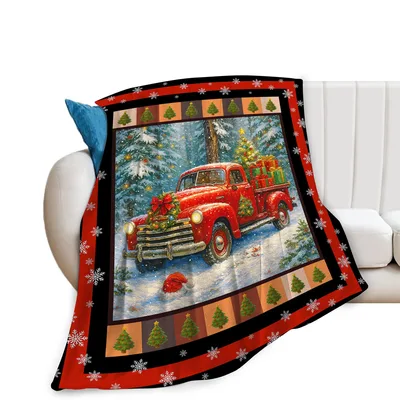 Vintage Red Truck Snowy Blanket: Festive Holiday Scene with Wreath