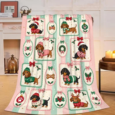 Holiday Dog Blanket Featuring Festive Dachshunds in Holiday Sweaters