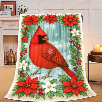Cardinal Among Poinsettias Blanket for Winter Cozy Nights