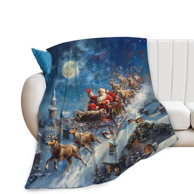 Santa Sleigh Reindeer Christmas Blanket for a Snowy Night