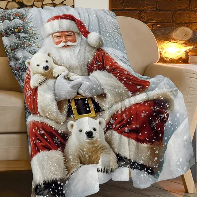 Polar Bear Cubs Blanket: Santa's Snowy Winter Scene