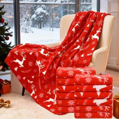 Red Winter Holiday Blanket with Reindeer and Snowflakes