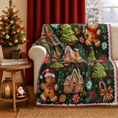 Green Gingerbread Houses & Blanket for Holiday Cozy Nights