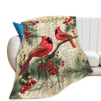 Red Cardinal Winter Blanket: Two Birds on a Berry Branch