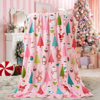 Pink Christmas Pattern Blanket: Festive Reindeer and Snowman Design