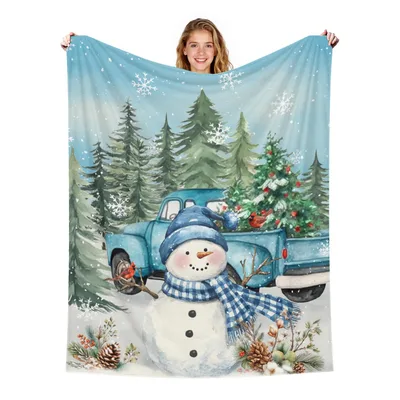 Blue Truck Christmas Blanket with a Snowman Scene