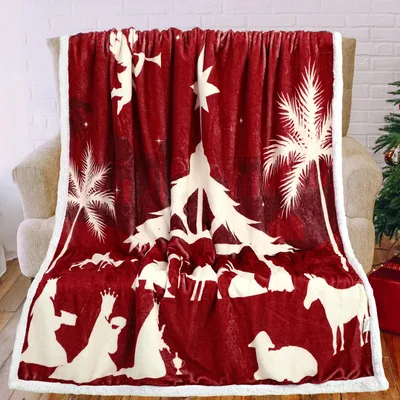 Christmas Nativity Blanket with a Red and Cream Scene