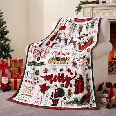 Christmas Scrapbook Blanket with Vintage Santa Scenes and Carols