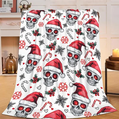 Gothic Christmas Blanket with Skulls in Santa Hats