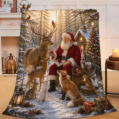 Santa Claus Woodland Animals Blanket: A Winter Forest Scene