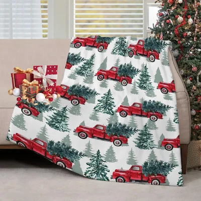 Red Truck Christmas Trees Blanket: Vintage Holiday Design