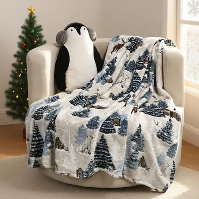 Winter Cabin Blanket: Snowy Pines and Log Cabins Throw
