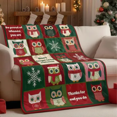 Christmas Owls Blanket featuring festive owl patches