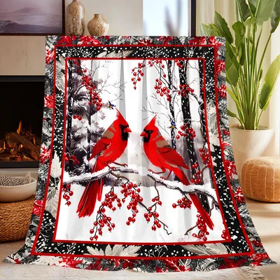Red Cardinals on Snowy Branch Blanket: Winter Cardinal Throw