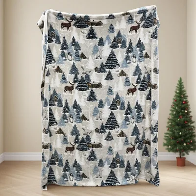 Winter Forest Blanket with Deer and Cabins for Cozy Days