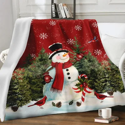 Cardinal Winter Blanket: A Snowman Scene in Red and Green